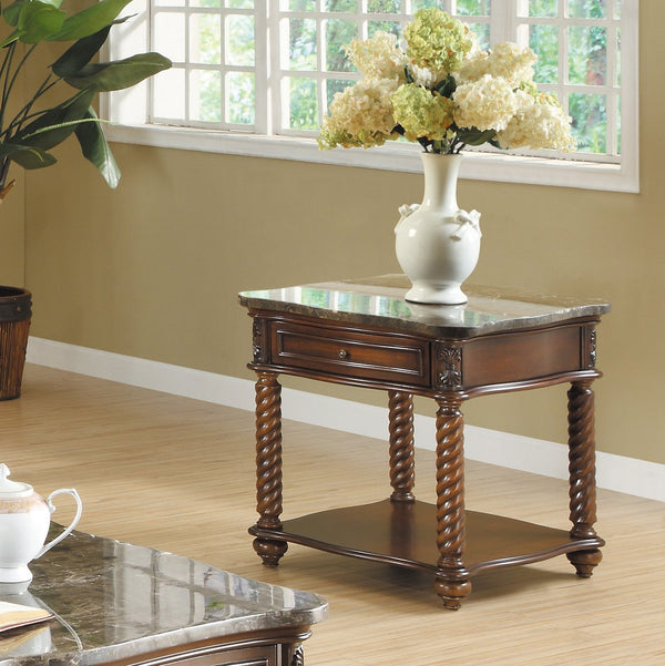 English Elm Traditional Lockwood Marble Top End Table with Drawer & Shelf, Mahogany Finish, Carved Spiral Legs B011P175733
