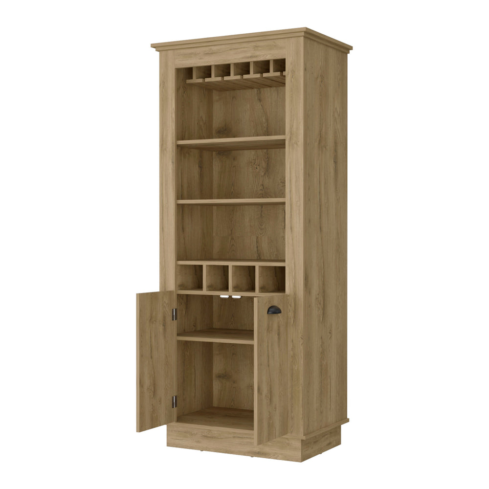 English Elm Macadamia Chic Bar Cabinet with 4-Built In Wine Racks, 10-Glass Holder & Open Shelves for Entertaining B062S00384