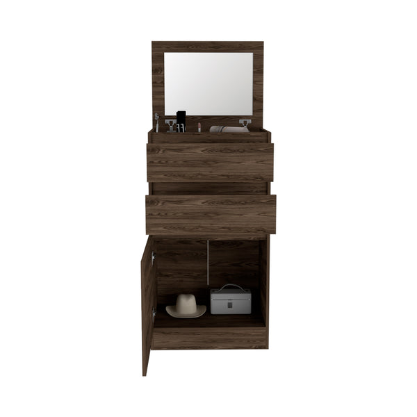 English Elm Dresser with Jewelry Box and Mirror, 43"H Single Door Cabinet with Two Drawers, Dark Walnut Finish Brown 51.57 L x 26.37 W x 5.51 H B097132971