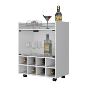 English Elm White Bar Cart with 8-Bottle Rack, Double Glass Doors, Caster Wheels & Aluminum-Edged Serving Top B062P175127