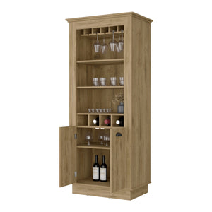English Elm Macadamia Chic Bar Cabinet with 4-Built In Wine Racks, 10-Glass Holder & Open Shelves for Entertaining B062S00384