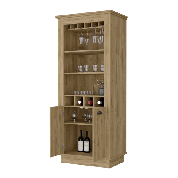 English Elm Macadamia Chic Bar Cabinet with 4-Built In Wine Racks, 10-Glass Holder & Open Shelves for Entertaining B062S00384