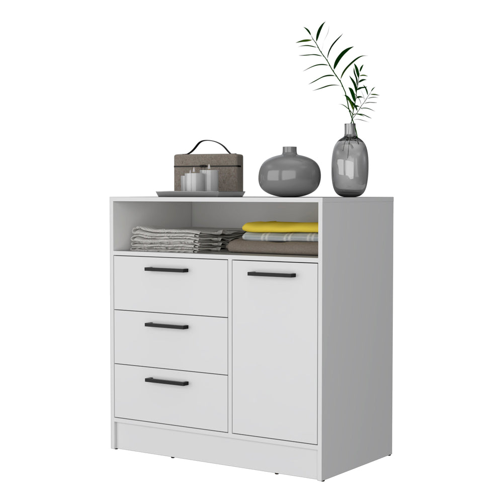 English Elm White 3-Drawer Dresser with Open Top Shelf and Cabinet Storage – Durable White Wood Accent for Bedroom or Entryway (36.7" H) B062S00381