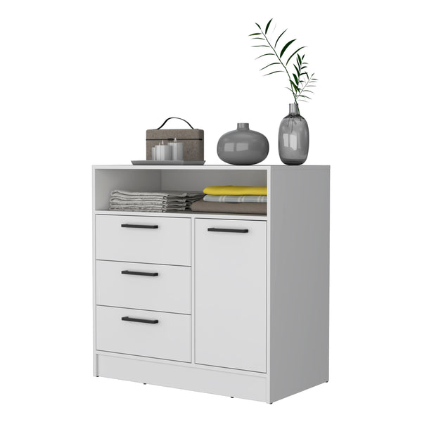 English Elm White 3-Drawer Dresser with Open Top Shelf and Cabinet Storage – Durable White Wood Accent for Bedroom or Entryway (36.7" H) B062S00381