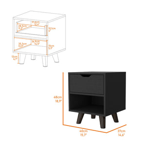 English Elm Wenge Modern 1-Drawer Nightstand with Open Shelf & Wood Legs — Compact, Stylish Bedroom Storage B062P175114