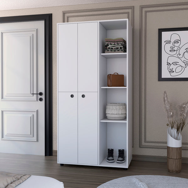 English Elm White 1-Drawer Armoire Closet Slim 4-Door Wardrobe with Hanging Rods & Open Shelves for Small Spaces B062S00555
