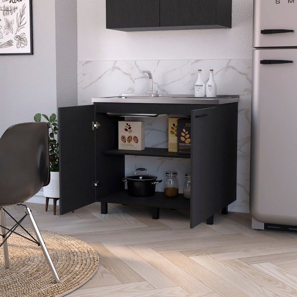 English Elm Wenge Finish Utility Sink Cabinet Set with Aluminum Countertop and Interior Shelving B062S00377