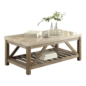 English Elm Industrial Angled Support End Table with Marble Top and Weathered Wood Shelf, Creamy White Accent Natural 53 L x 30.75 W x 10 H B011P175702