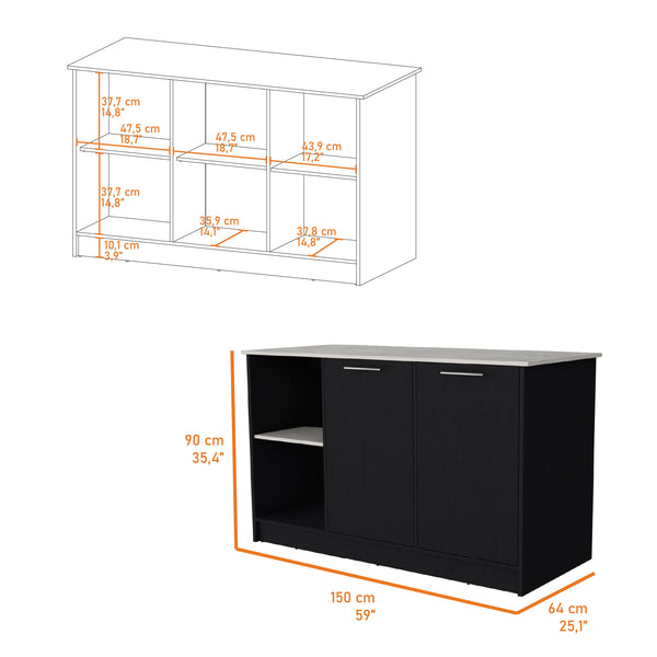 English Elm Wenge Kitchen Island with Wenge & Onyx Finish, Double Door Cabinets, Open Shelves, Spacious Prep Area B062S00388