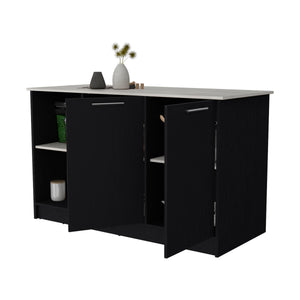 English Elm Wenge Kitchen Island with Wenge & Onyx Finish, Double Door Cabinets, Open Shelves, Spacious Prep Area B062S00388
