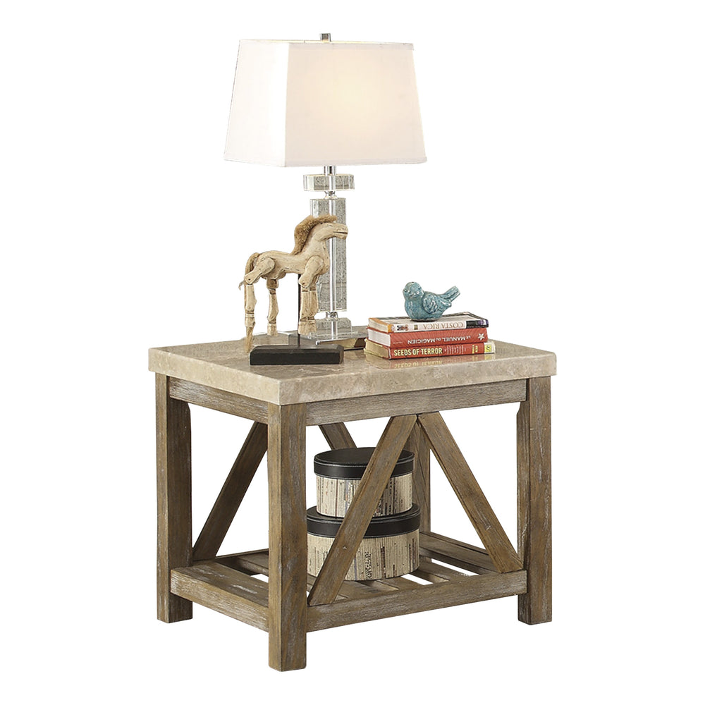 English Elm Industrial Angled Support End Table with Marble Top and Weathered Wood Shelf, Creamy White Accent Natural 35.5 L x 28.75 W x 10 H B011P175698