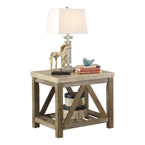 English Elm Industrial Angled Support End Table with Marble Top and Weathered Wood Shelf, Creamy White Accent Natural 35.5 L x 28.75 W x 10 H B011P175698