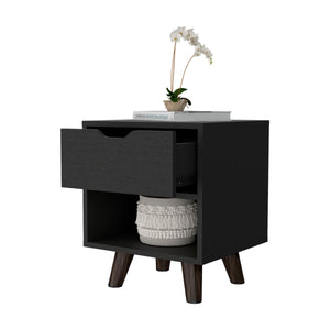 English Elm Wenge Modern 1-Drawer Nightstand with Open Shelf & Wood Legs — Compact, Stylish Bedroom Storage B062P175114