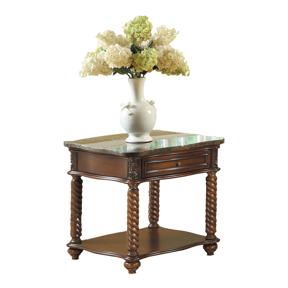 English Elm Traditional Lockwood Marble Top End Table with Drawer & Shelf, Mahogany Finish, Carved Spiral Legs B011P175733