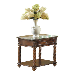 English Elm Traditional Lockwood Marble Top End Table with Drawer & Shelf, Mahogany Finish, Carved Spiral Legs B011P175733