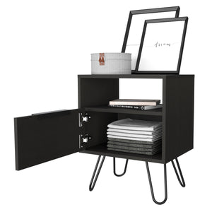 English Elm Nightstand Modern Black 22"H with Hairpin Legs, Open Shelf & Single Door Cabinet for Small Spaces B097132923