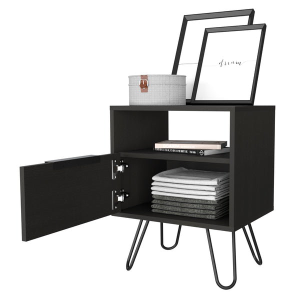 English Elm Nightstand Modern Black 22"H with Hairpin Legs, Open Shelf & Single Door Cabinet for Small Spaces B097132923