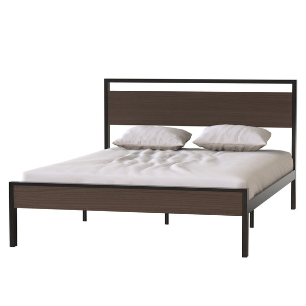 English Elm Ceres Metal Bed Frame Queen in Black with Walnut Headboard & Footboard — 1000lb Sturdy, Storage B083124174