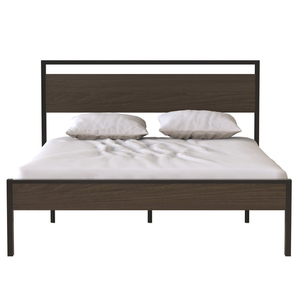 English Elm Ceres Metal Bed Frame Queen in Black with Walnut Headboard & Footboard — 1000lb Sturdy, Storage B083124174
