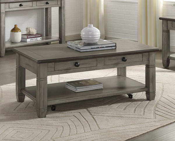 English Elm Coffee Granby Collection Cocktail Table with Wood Top, Two Drawers, Lower Display Shelf & Casters Antique Gray 51.5 L x 29.5 W x 12 H B011P175707