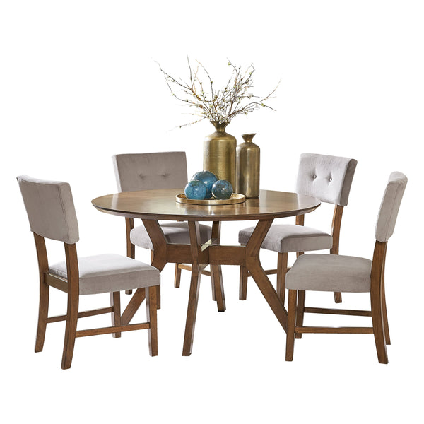 English Elm Light Oak 5pc Round Dining Set with Mid-Century X-Base Table & Neutral Fabric Chairs, 52" Dia, Stylish B011S00861