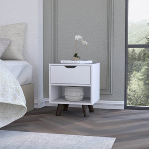 English Elm White Modern Nightstand with 1 Drawer and Open Shelf, Compact Wooden Legs, Chic Storage for Bedroom B062P175113