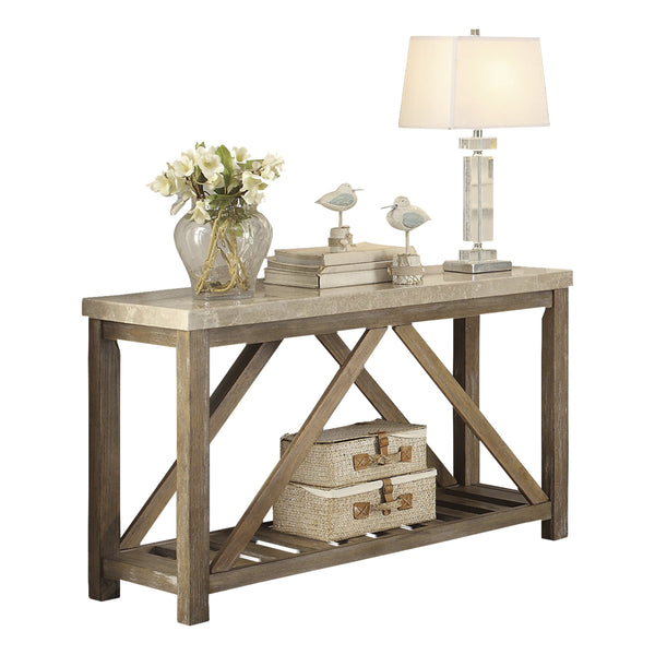 English Elm Industrial Angled Support End Table with Marble Top and Weathered Wood Shelf, Creamy White Accent Natural 51 L x 20.75 W x 8.5 H B011P175701
