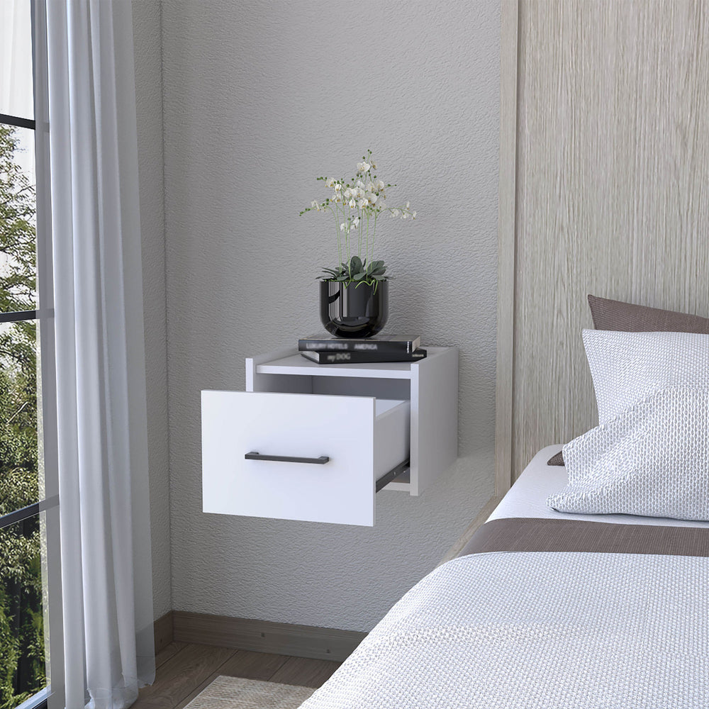 English Elm White Floating Wall-Mounted Nightstand with Drawer and Spacious Top Shelf for Compact Stylish Storage B062P175138
