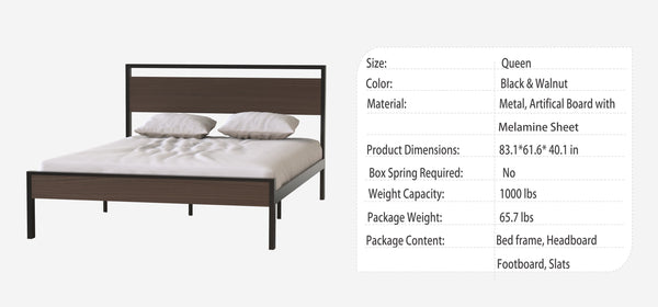 English Elm Ceres Metal Bed Frame Queen in Black with Walnut Headboard & Footboard — 1000lb Sturdy, Storage B083124174