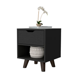 English Elm Wenge Modern 1-Drawer Nightstand with Open Shelf & Wood Legs — Compact, Stylish Bedroom Storage B062P175114