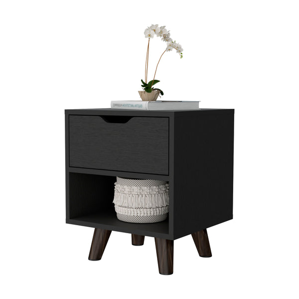 English Elm Wenge Modern 1-Drawer Nightstand with Open Shelf & Wood Legs — Compact, Stylish Bedroom Storage B062P175114