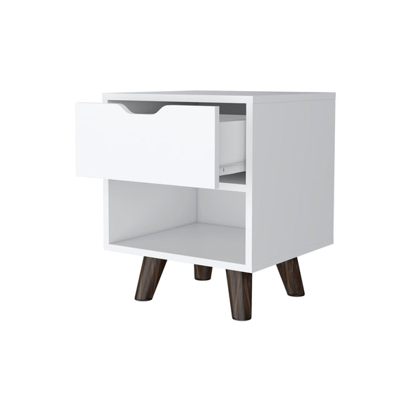 English Elm White Modern Nightstand with 1 Drawer and Open Shelf, Compact Wooden Legs, Chic Storage for Bedroom B062P175113