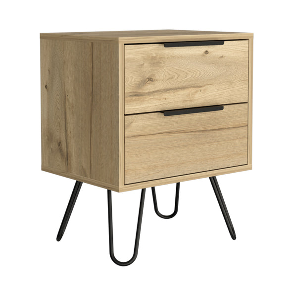 English Elm Nightstand Modern Light Oak with Steel Hairpin Legs, Compact Two-Drawer Bedroom Storage, Beige B097132919