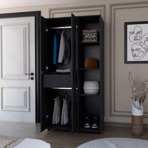 English Elm Wenge Slim 4-Door Armoire Closet with 1 Drawer, Dual Rods & 4 Open Cabinets for Small Spaces B062S00556