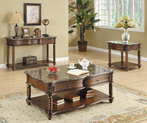 English Elm Traditional Lockwood Marble Top End Table with Drawer & Shelf, Mahogany Finish, Carved Spiral Legs B011P175733