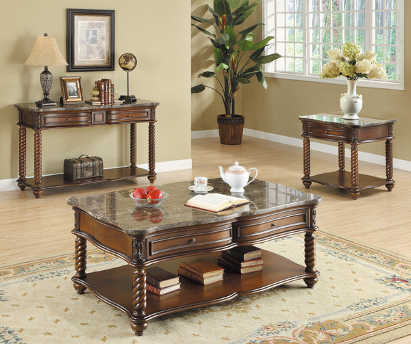 English Elm Traditional Lockwood Marble Top End Table with Drawer & Shelf, Mahogany Finish, Carved Spiral Legs B011P175733