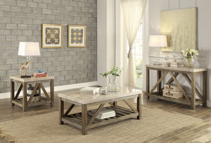 English Elm Industrial Angled Support End Table with Marble Top and Weathered Wood Shelf, Creamy White Accent Natural 53 L x 30.75 W x 10 H B011P175702