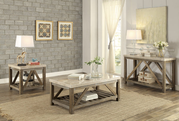 English Elm Industrial Angled Support End Table with Marble Top and Weathered Wood Shelf, Creamy White Accent Natural 53 L x 30.75 W x 10 H B011P175702