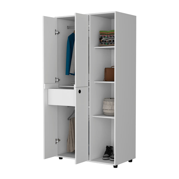 English Elm White 1-Drawer Armoire Closet Slim 4-Door Wardrobe with Hanging Rods & Open Shelves for Small Spaces B062S00555