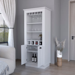 English Elm White Chic 4-Built In Wine Rack Bar Cabinet with 10-Glass Holder, Open Shelves & Spacious Storage for Entertaining Elegance B062S00383