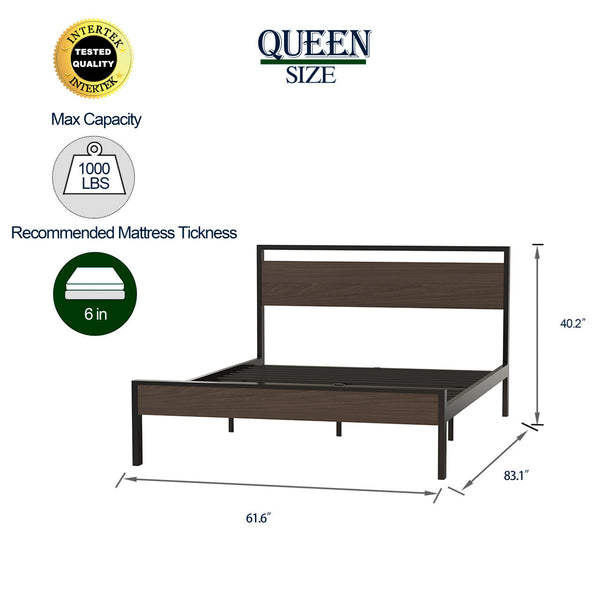 English Elm Ceres Metal Bed Frame Queen in Black with Walnut Headboard & Footboard — 1000lb Sturdy, Storage B083124174