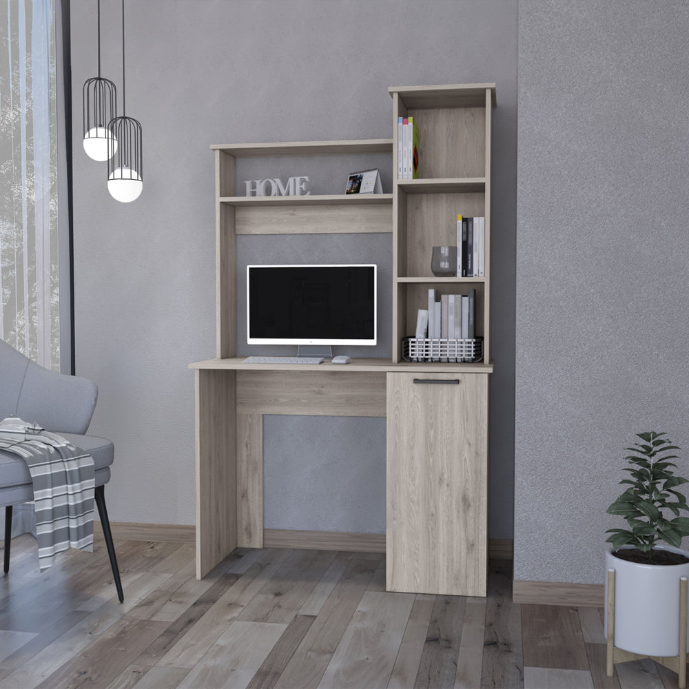 English Elm Light Gray Spacious Computer Desk with Hutch, 3-Tier Shelves & Lower Cabinet for Organized Workspaces B062P175112