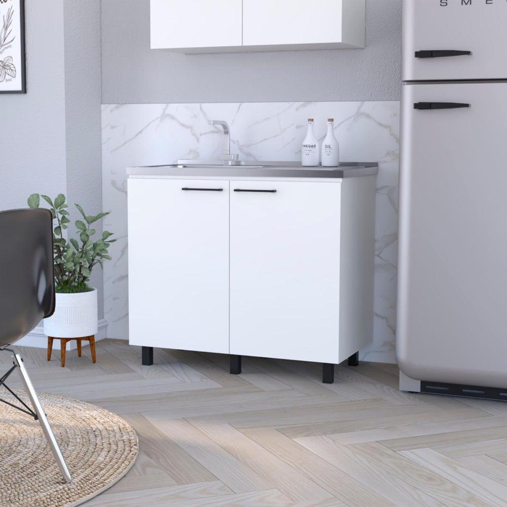 English Elm Wenge Finish Utility Sink Cabinet Set with Aluminum Countertop and Interior Shelving B062S00376