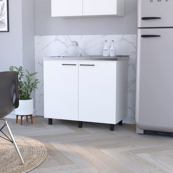 English Elm Wenge Finish Utility Sink Cabinet Set with Aluminum Countertop and Interior Shelving B062S00376