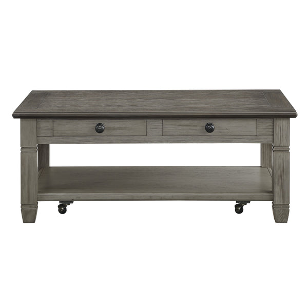English Elm Coffee Granby Collection Cocktail Table with Wood Top, Two Drawers, Lower Display Shelf & Casters Antique Gray 51.5 L x 29.5 W x 12 H B011P175707