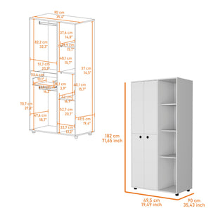 English Elm White 1-Drawer Armoire Closet Slim 4-Door Wardrobe with Hanging Rods & Open Shelves for Small Spaces B062S00555