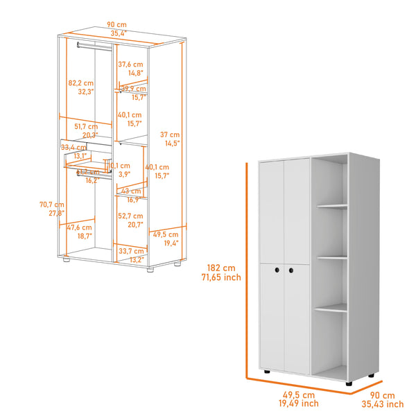 English Elm White 1-Drawer Armoire Closet Slim 4-Door Wardrobe with Hanging Rods & Open Shelves for Small Spaces B062S00555