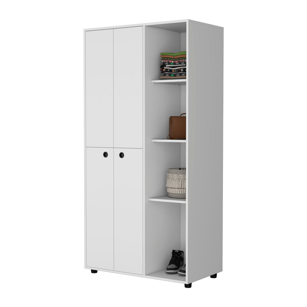 English Elm White 1-Drawer Armoire Closet Slim 4-Door Wardrobe with Hanging Rods & Open Shelves for Small Spaces B062S00555