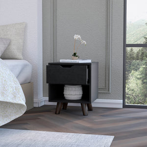English Elm Wenge Modern 1-Drawer Nightstand with Open Shelf & Wood Legs — Compact, Stylish Bedroom Storage B062P175114