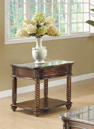English Elm Traditional Lockwood Marble Top End Table with Drawer & Shelf, Mahogany Finish, Carved Spiral Legs B011P175733